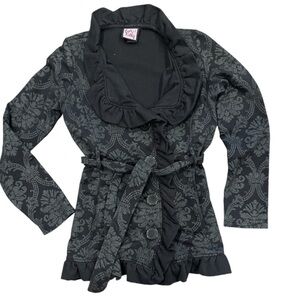 LA KITTY M black/gray patterned belted pocketed button up fleece jacket frill